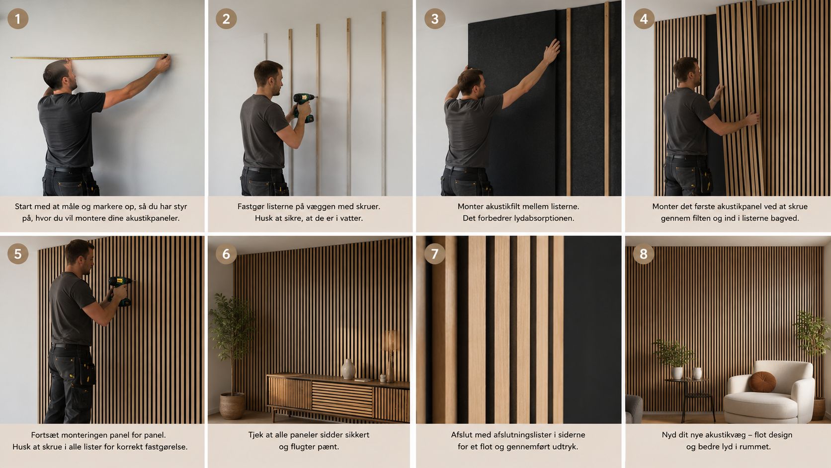 Trin-for-trin guide til montering af akustikpaneler på en væg for bedre lyd og et flot design.