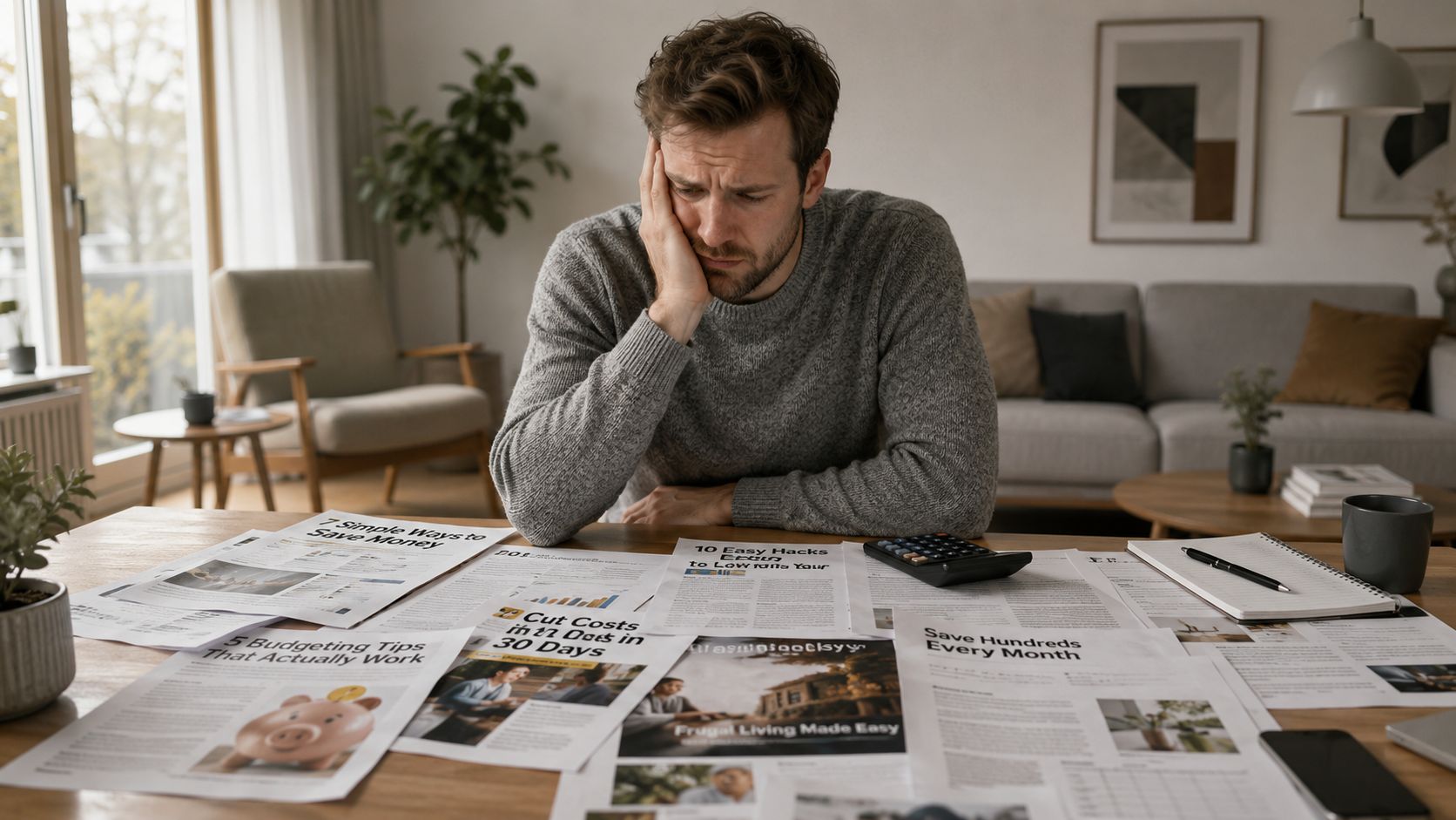 En bekymret mand sidder ved et bord fyldt med økonomiske artikler om at spare penge hver måned.