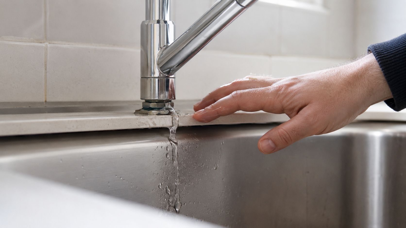 Et utæt køkkenarmatur, der drypper vand ned i en køkkenvask ved siden af en hånd.