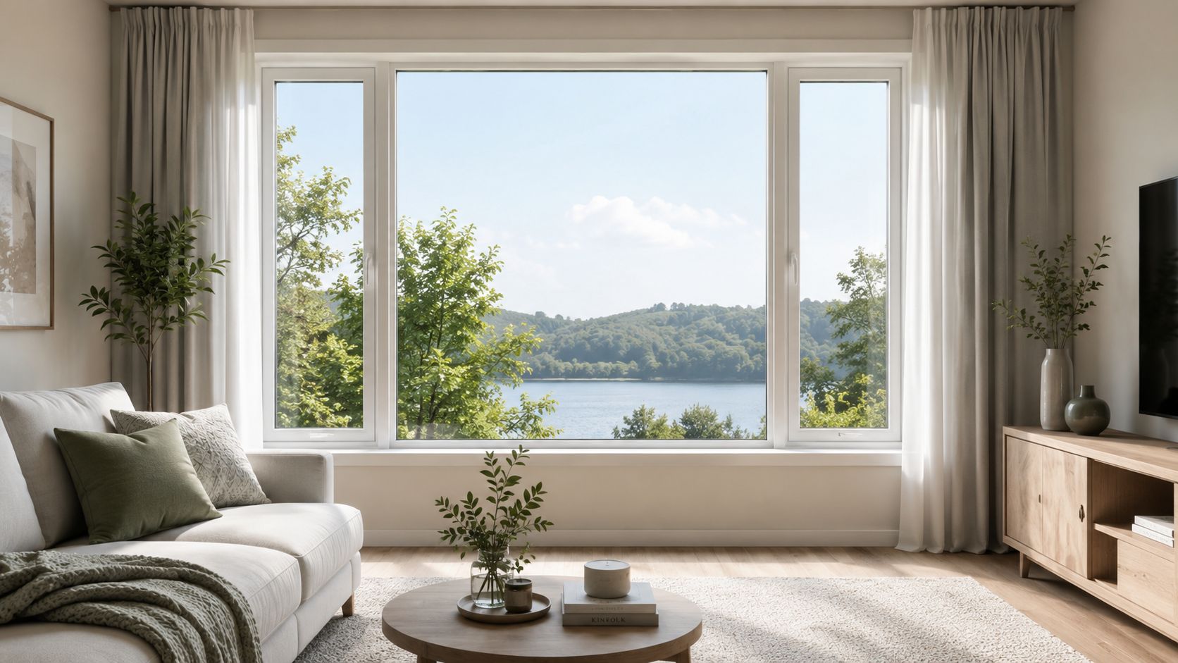 En elegant stue med en stor udsigt over en sø gennem moderne, lyse vinduer i boligen.