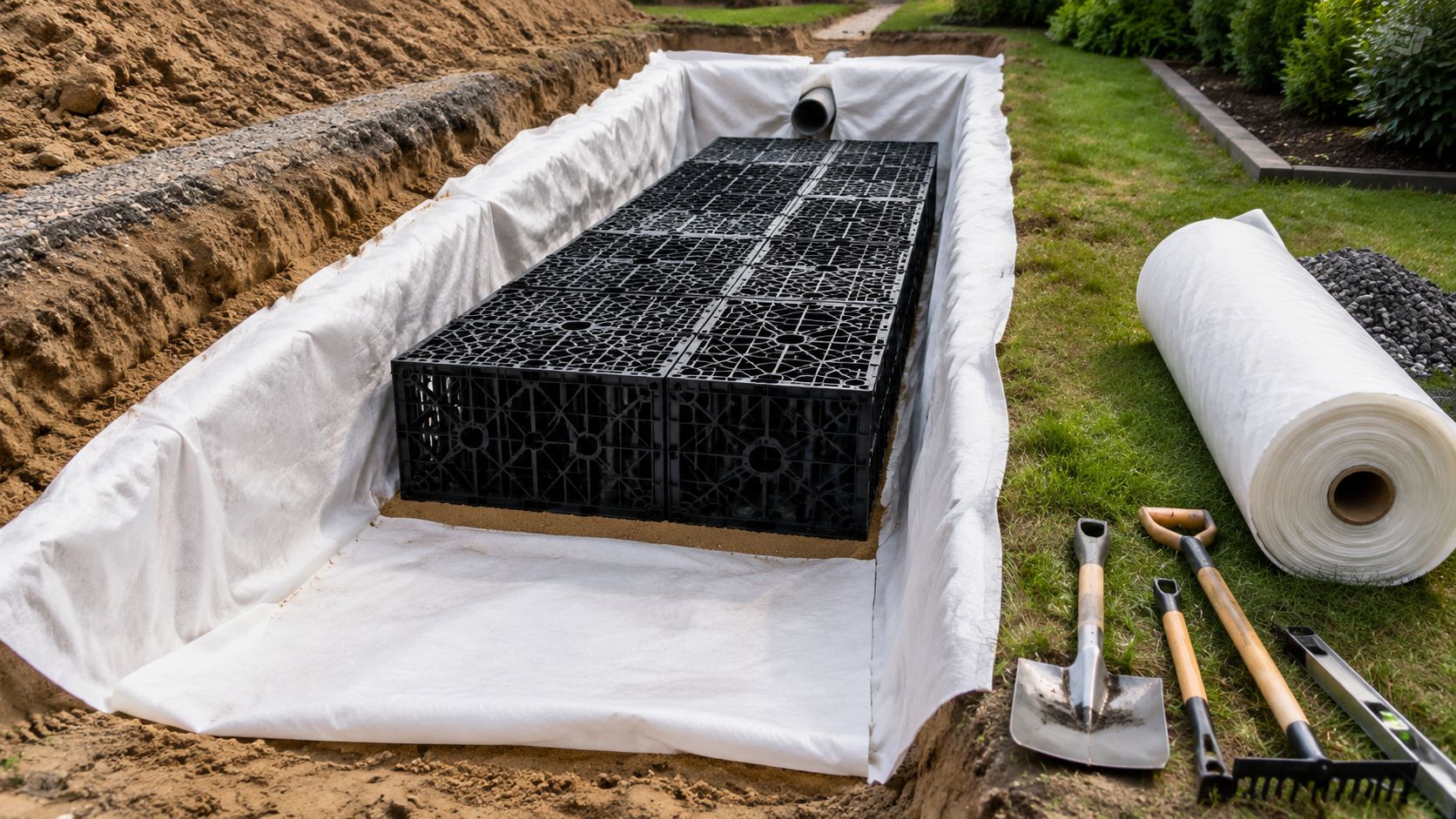 Installation af sorte plastkassetter til regnvandshåndtering i en udgravet grøft beklædt med hvid fiberdug i en have.