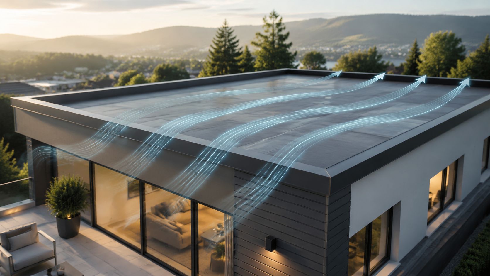 En moderne villa med fladt tag viser en ventileret tagkonstruktion med visualiseret luftgennemstrømning hen over tagfladen.