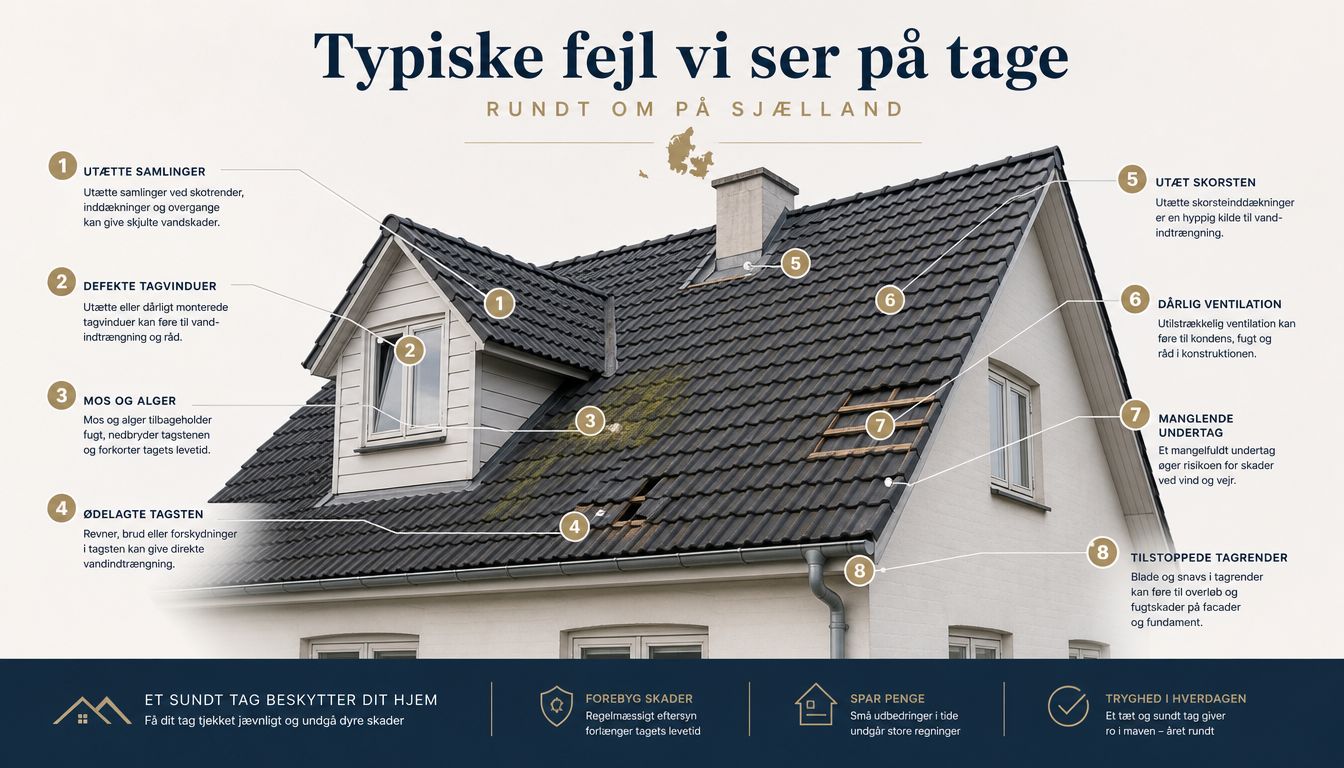 En oversigt over typiske tagfejl og skader på huse, der kræver reparation og vedligeholdelse af taget.