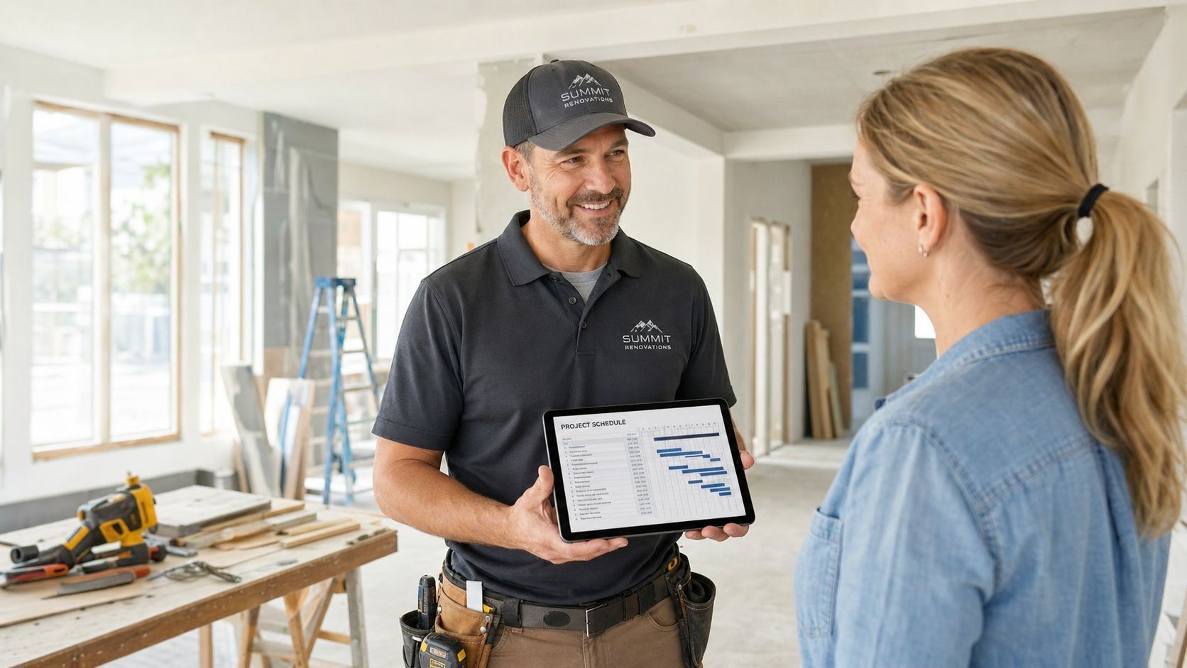 En entreprenør viser en projektplan på en tablet til en kunde i et hus under renovering.