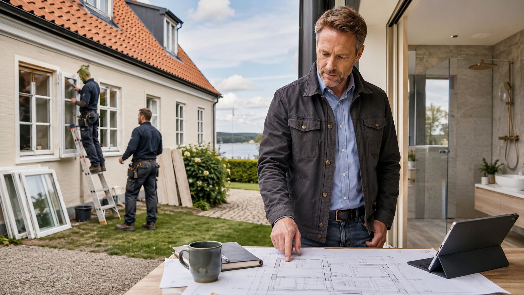 En projektleder gennemgår byggetegninger ved et bord, mens håndværkere arbejder på et hus i baggrunden.