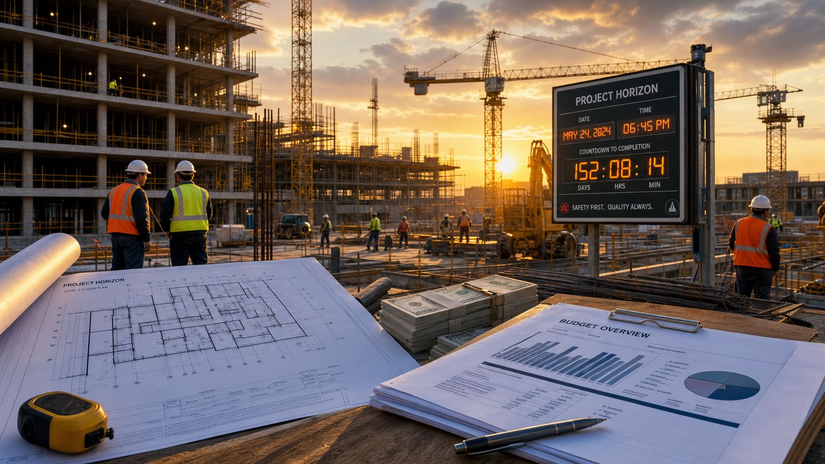 Byggeplads med byggeplaner, budgetoversigt, penge og et nedtællingsur under en flot solnedgang på en byggeplads.