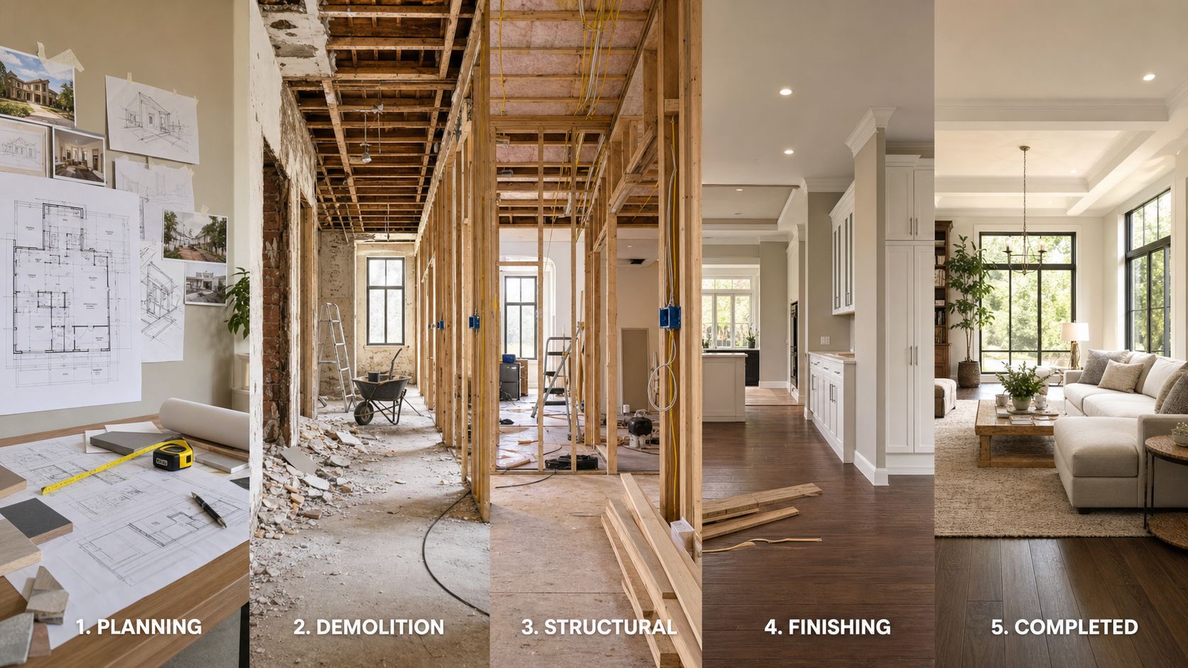 En visuel tidslinje der viser fem faser i en omfattende boligrenovering fra planlægning til færdigt projekt.