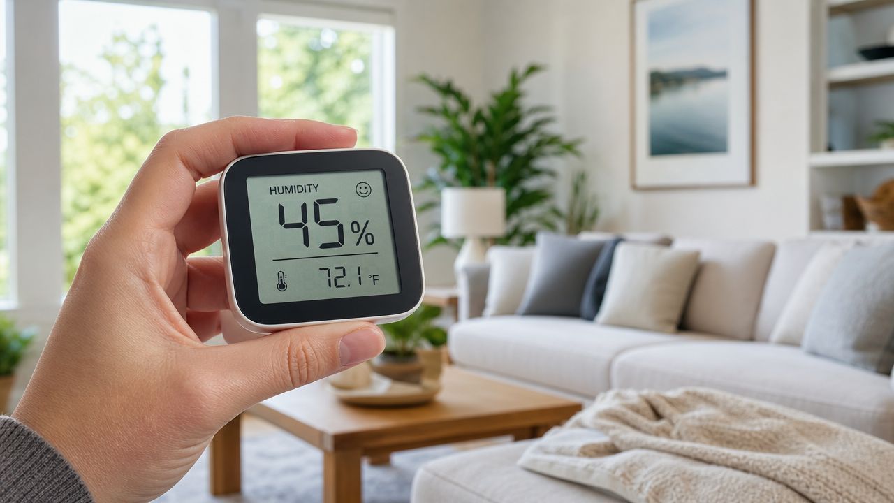 En hånd holder et digitalt hygrometer, der viser 45% luftfugtighed og 72,1 grader Fahrenheit i en stue.