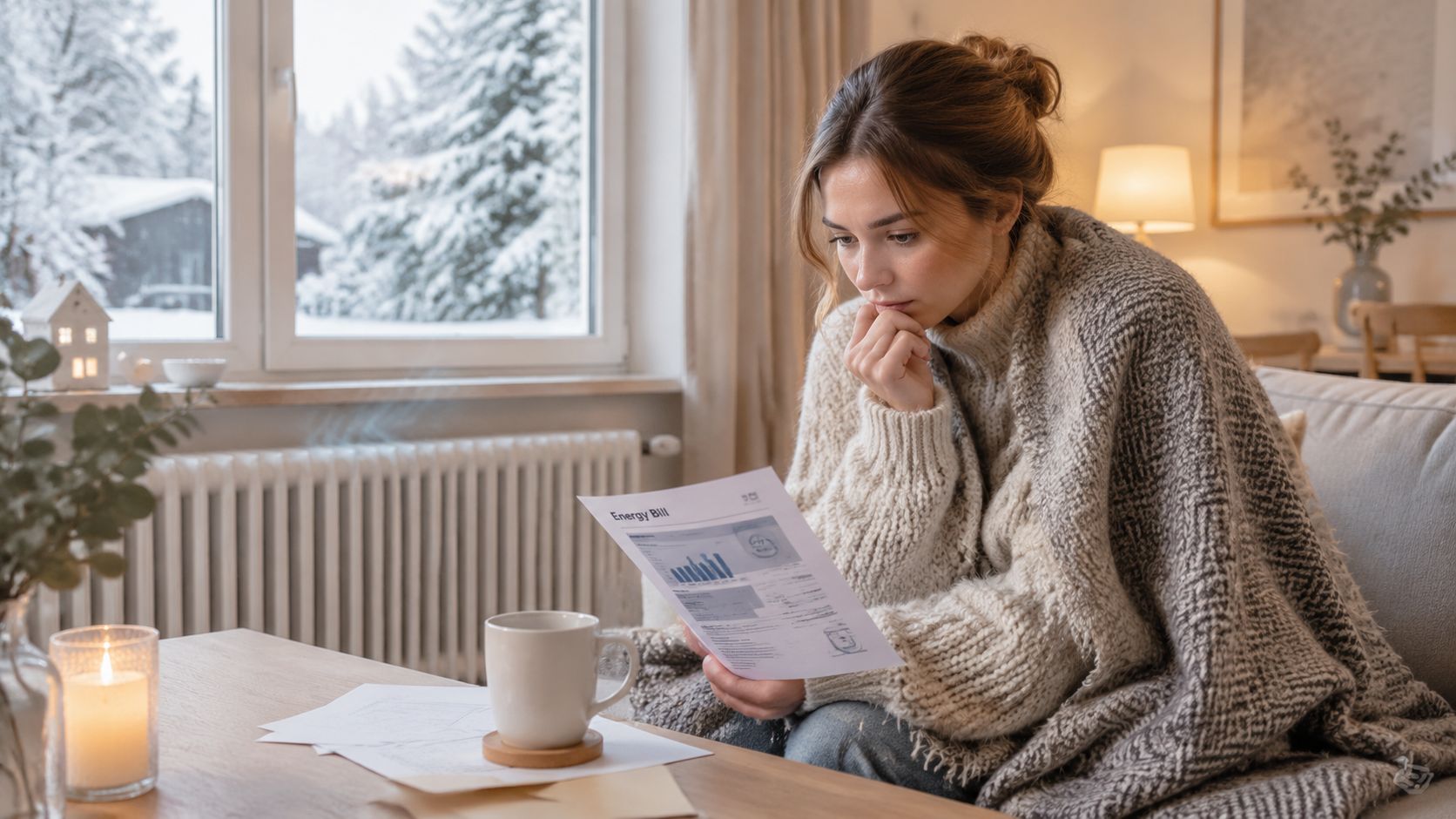 En bekymret kvinde læser en energiregning, mens hun sidder under et tæppe i en kold stue.