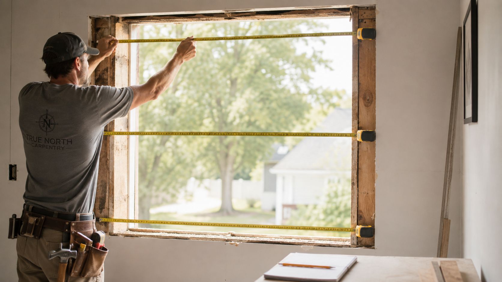 Tømrer måler op til installation af nye døre og vinduer i et igangværende renoveringsprojekt i et hus.
