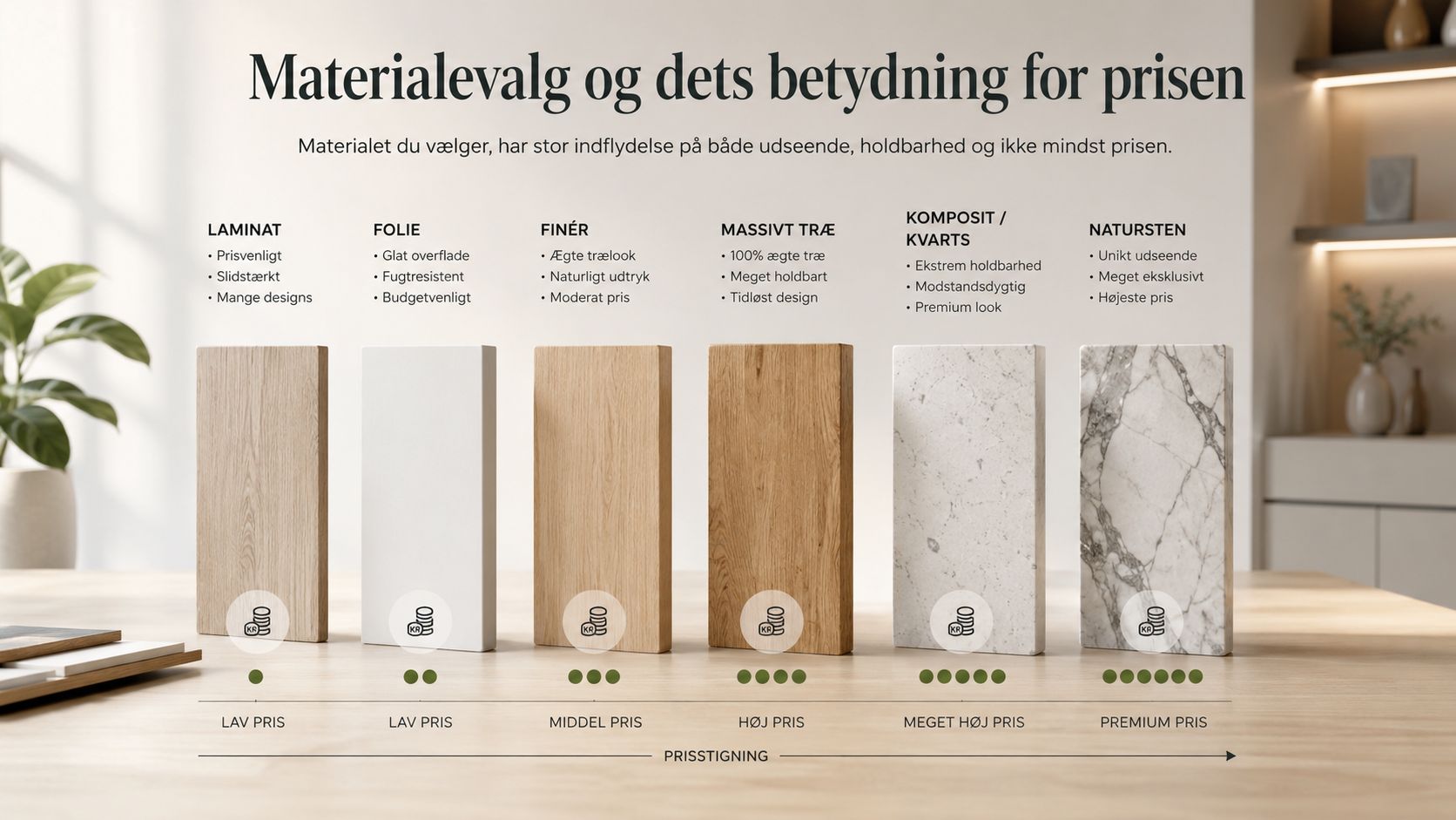 En grafisk oversigt over forskellige materialer til boligindretning og deres tilhørende prisniveauer fra lav til premium.