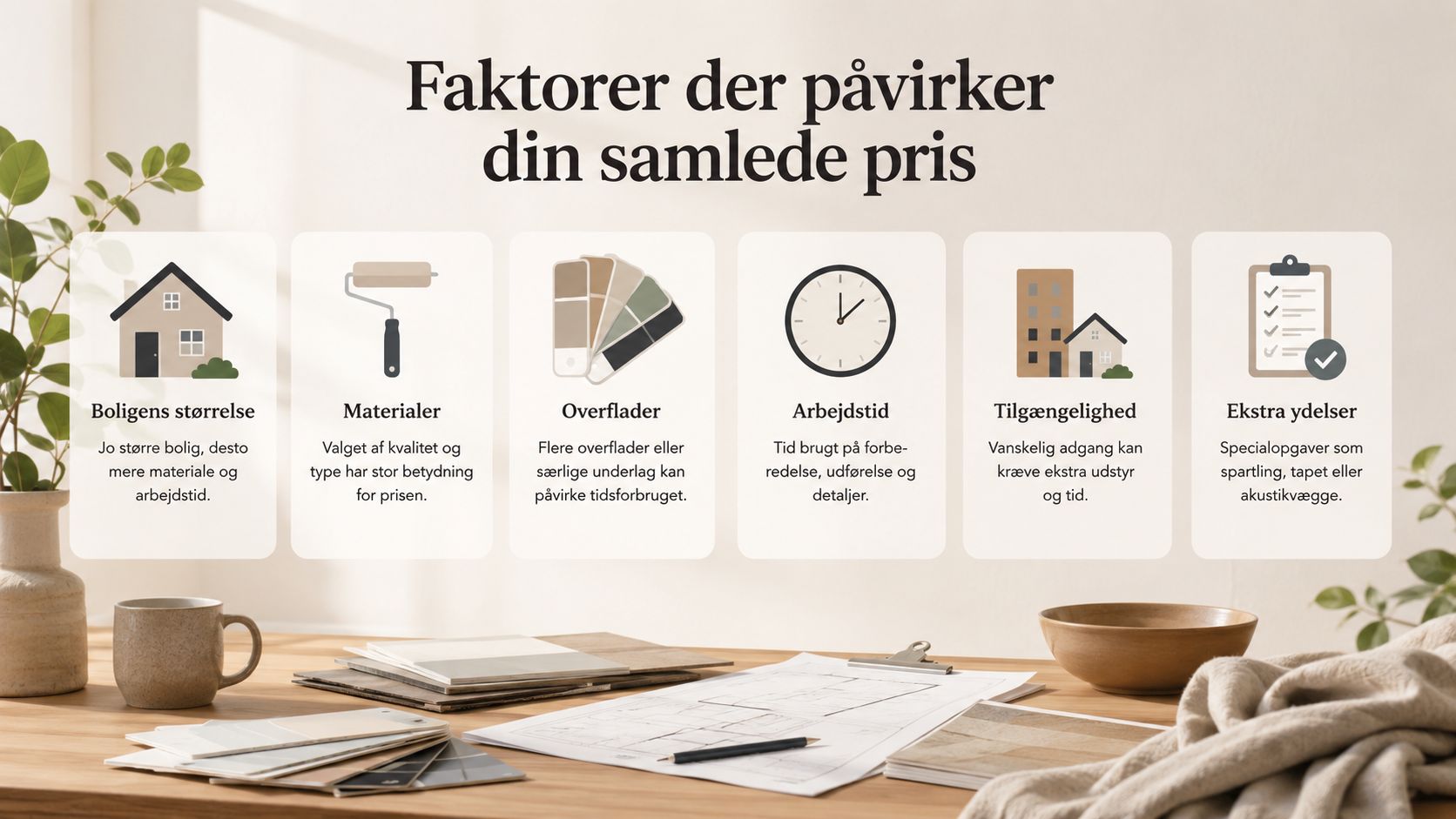Infografik med seks faktorer, der påvirker prisen for renoveringsopgaver, herunder størrelse, materialer, overflader, arbejdstid, tilgængelighed og ydelser.