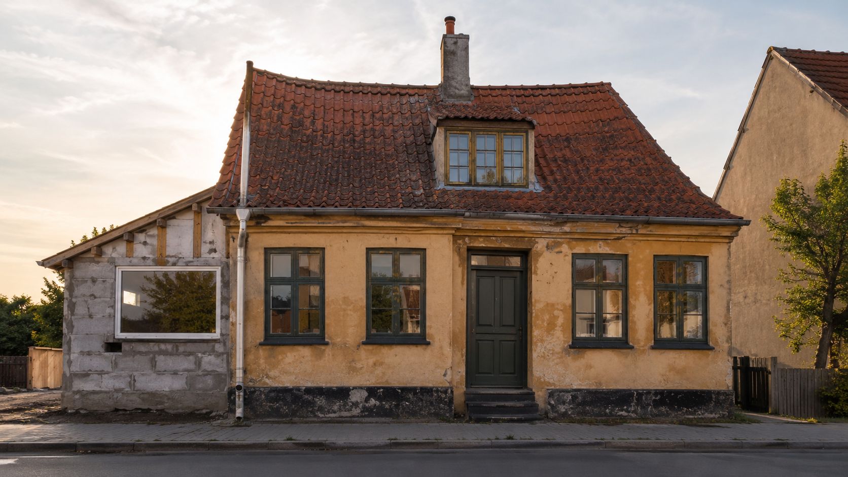 Et gammelt gult hus med tegltag under renovering, hvor en tilbygning af betonblokke bliver opført ved siden af.
