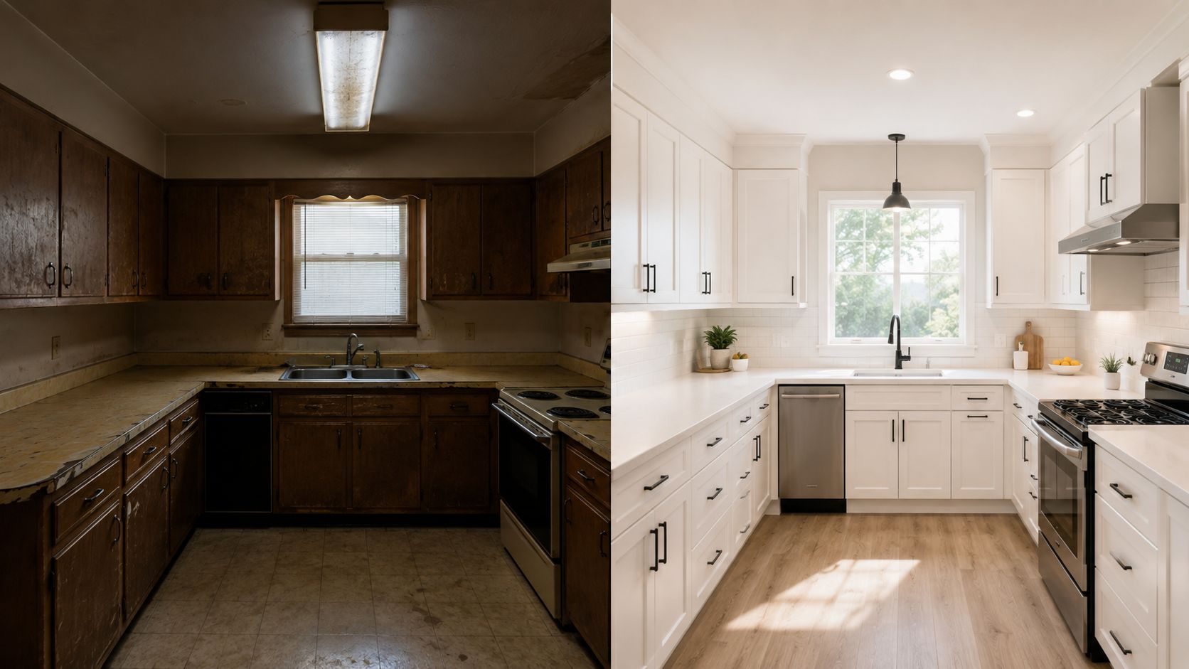 Før og efter billede af en køkkenrenovering, der viser forvandlingen fra mørkt gammelt køkken til lyst moderne køkken.