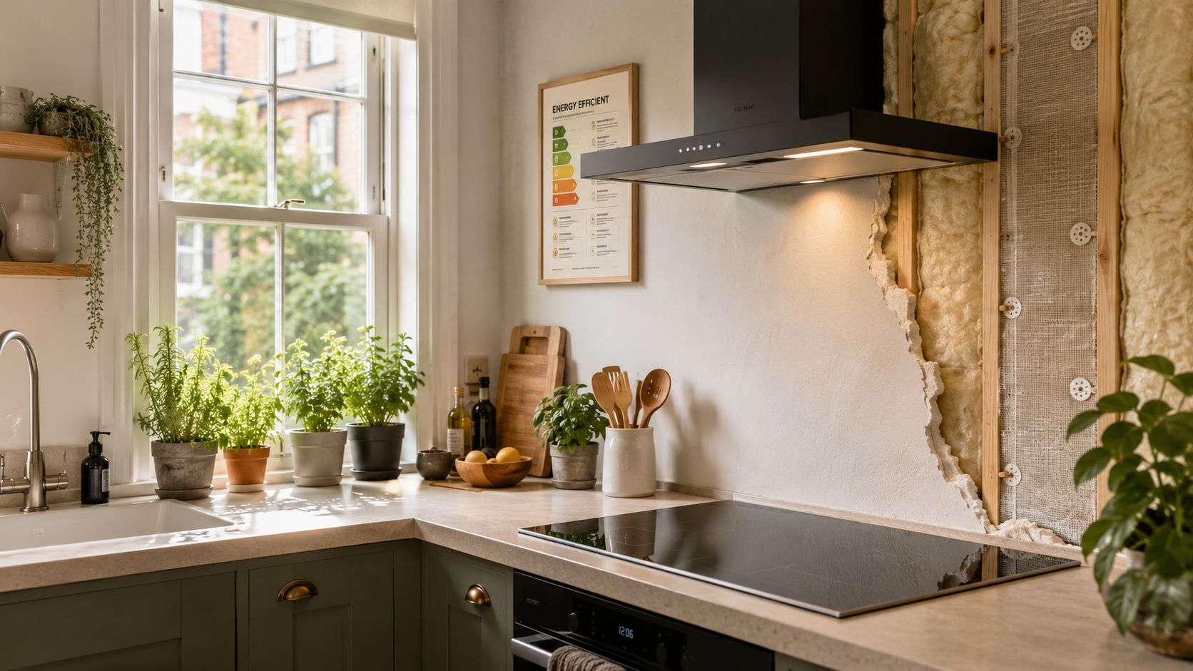 Et moderne køkken under renovering med synlig isolering på væggen, grønne planter og en indbygget kogeplade.