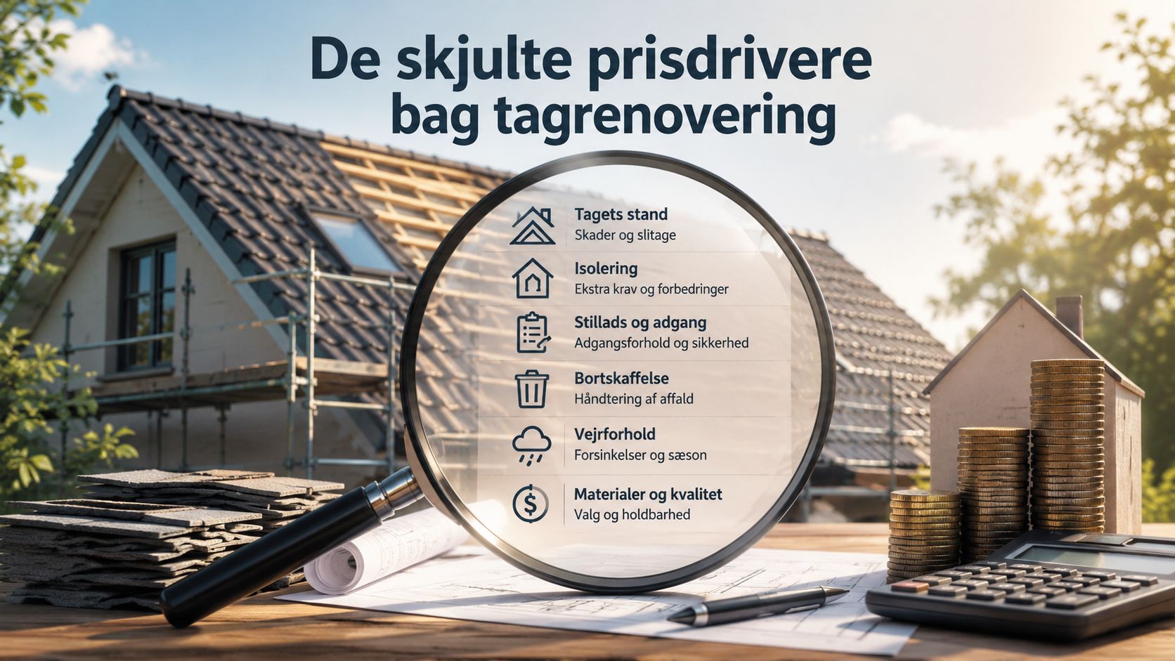 En lup viser de skjulte faktorer, der påvirker prisen for en tagrenovering, inklusiv materialer, stillads og affaldshåndtering.