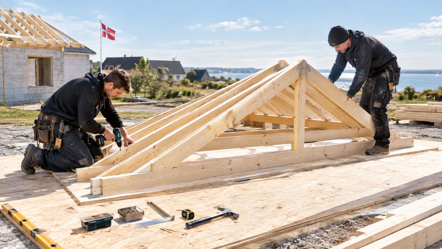 To mænd arbejder på samling af træspær til et nyt husbyggeri under en solskinsdag nær vandet.