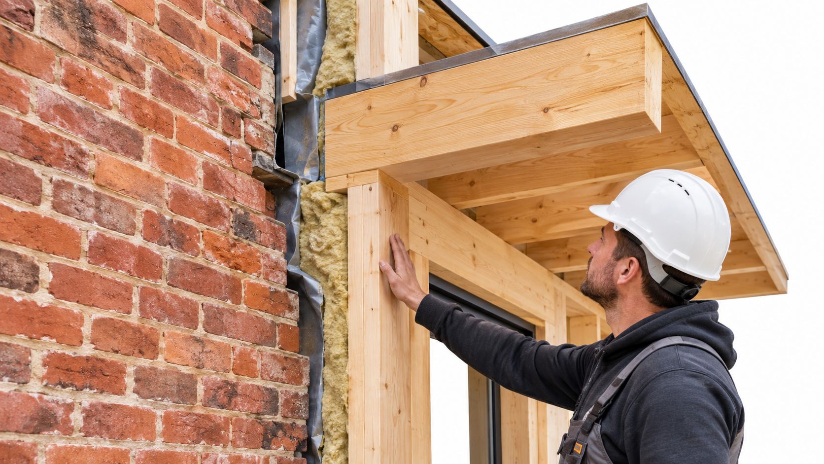 En håndværker inspicerer trækonstruktionen på en moderne tilbygning til et ældre hus med røde murstensvægge.