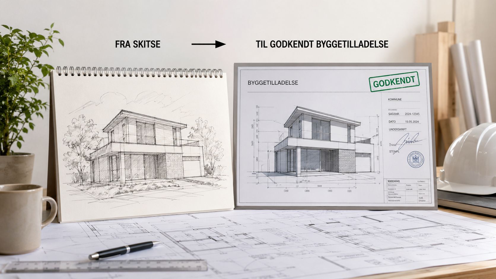 Illustration af processen fra en håndtegnet skitse af et hus til en godkendt officiel byggetilladelse.