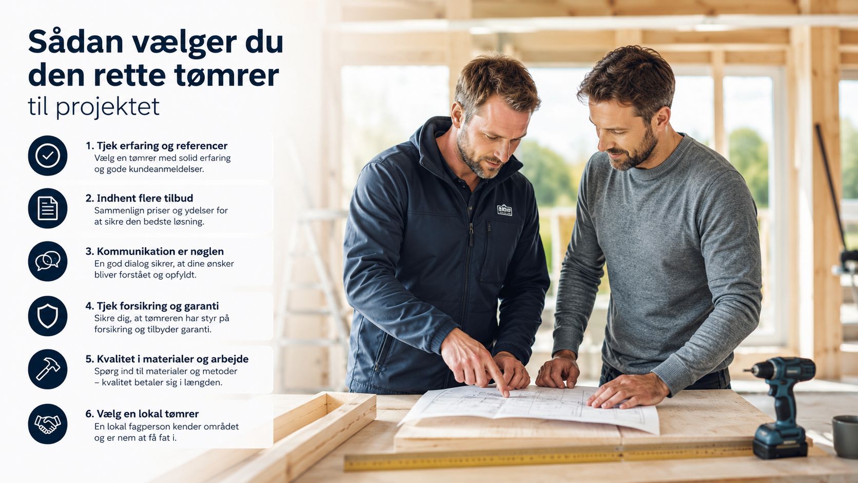 To mænd gennemgår byggetegninger på en arbejdsplads med fokus på råd til valg af den rette tømrer.
