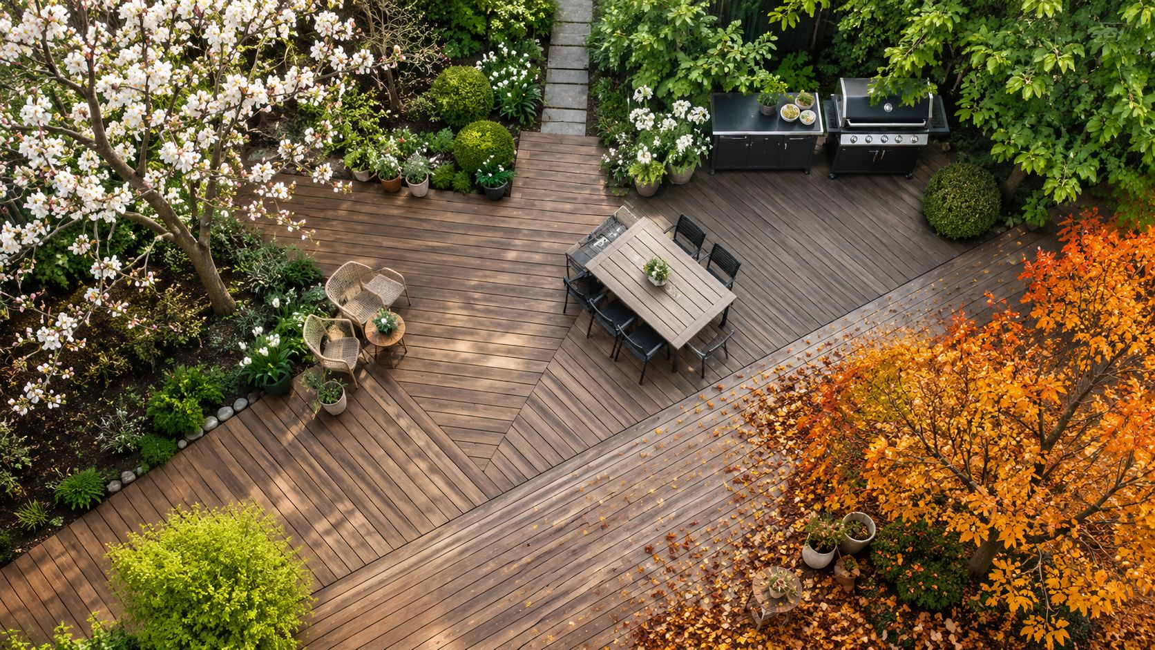 Smuk træterrasse med havemøbler, grill, grønne planter og et efterårstræ med orange blade i haven.