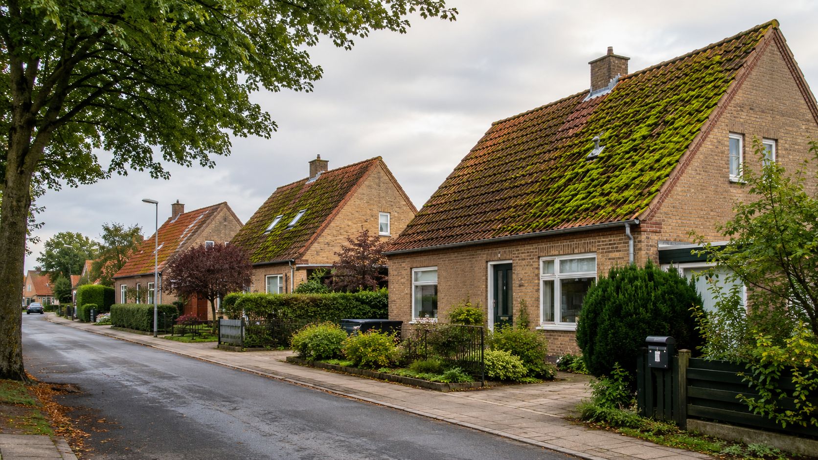 En rolig villavej med murstenshuse, hvor tagene er dækket af grøn mos i det tidlige efterår.