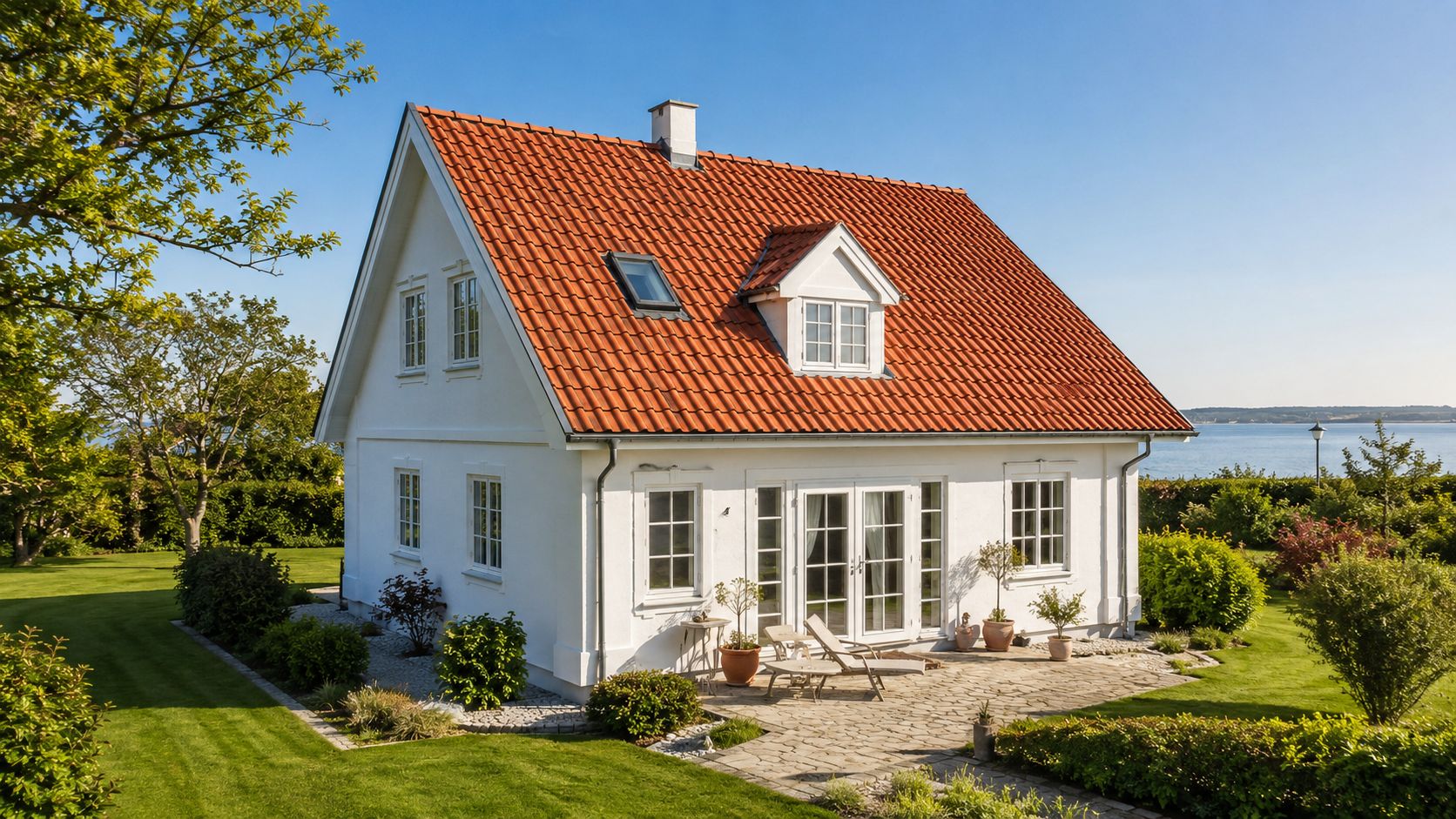 Et idyllisk hvidt hus med rødt tegltag og en stor terrasse med udsigt over det åbne hav.
