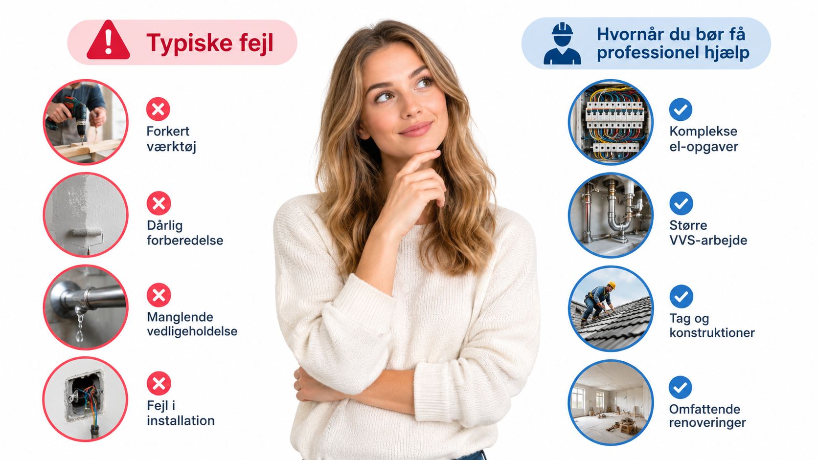 En infografik der viser typiske fejl ved gør-det-selv arbejde samt hvornår man bør søge professionel hjælp.
