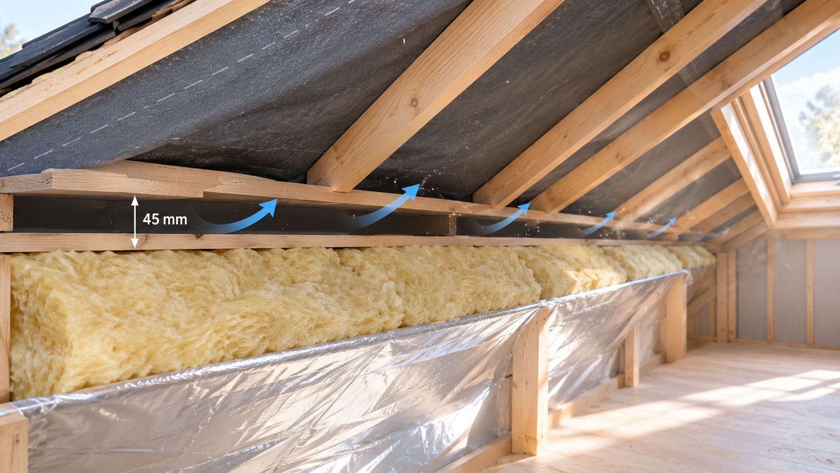Tagkonstruktion med isolering og ventilationsspalte markeret med en pil og en afstand på 45 mm under undertaget.