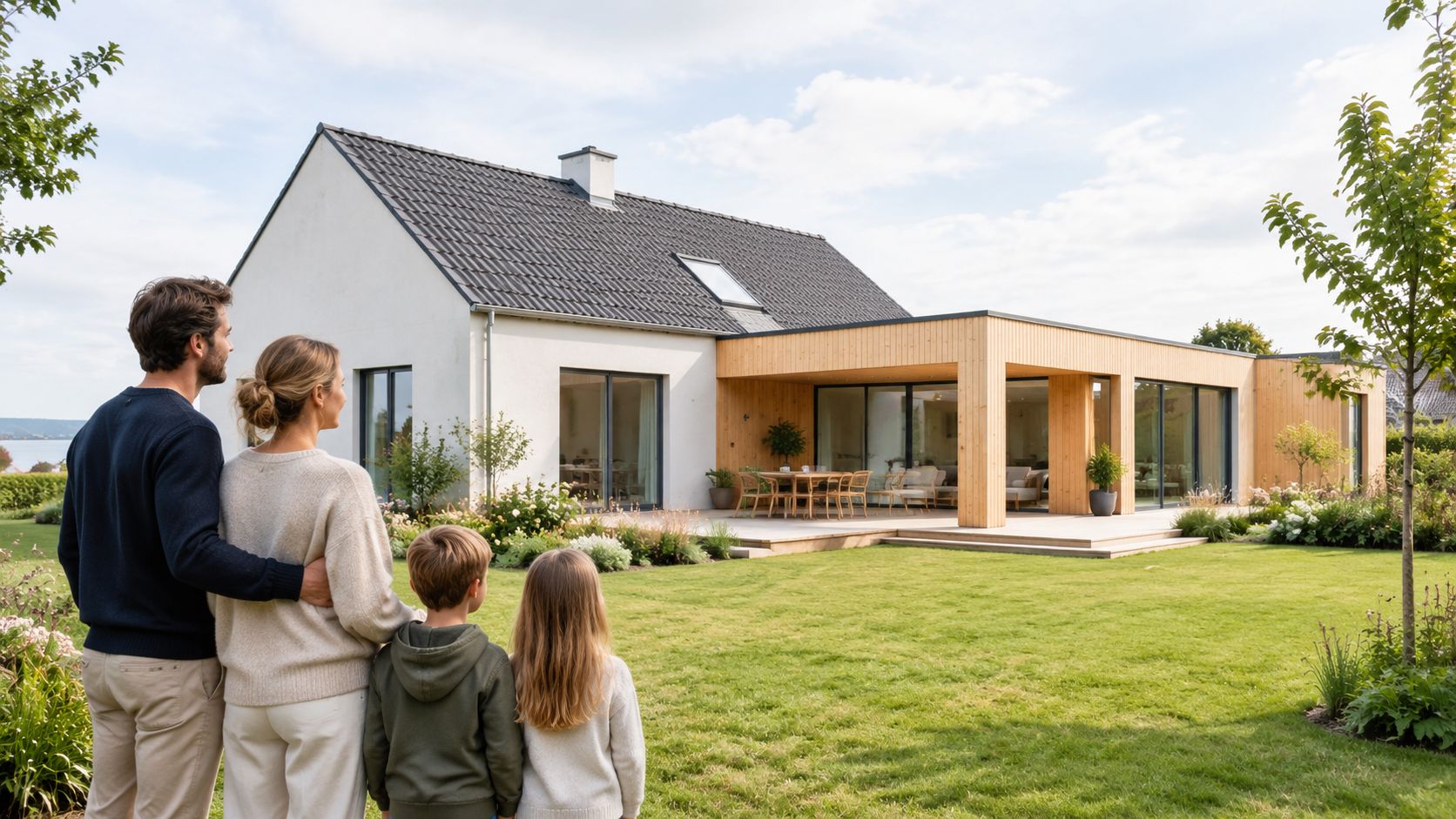 En familie på fire står i en solrig have og kigger beundrende på deres moderne hus med trætilbygning.