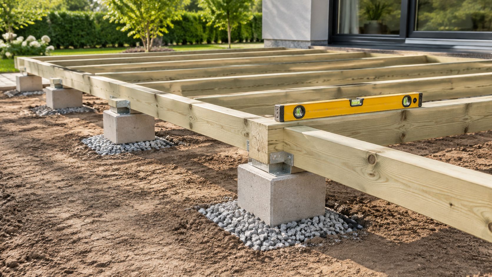 Fundamentet til en træterrasse under konstruktion med trykimprægneret træ og betonblokke i en have med grønne planter.