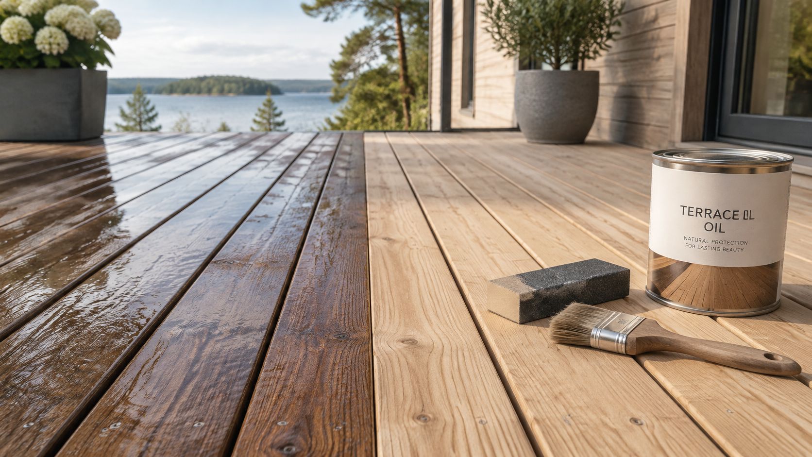 En træterrasse bliver olieret med en pensel ved siden af en dåse terrasseolie og en slibeblok.