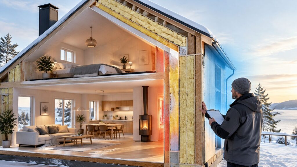 Byggeri af hus i træ med udvidet stue og soveplatform udenfor vinduer i vinterlandskab.