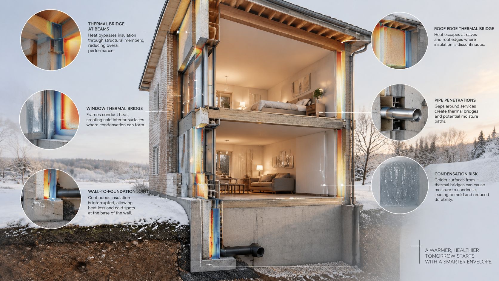 Illustration af et hus i tværsnit, der viser termiske broer og varmetab i en bygningskonstruktion om vinteren.