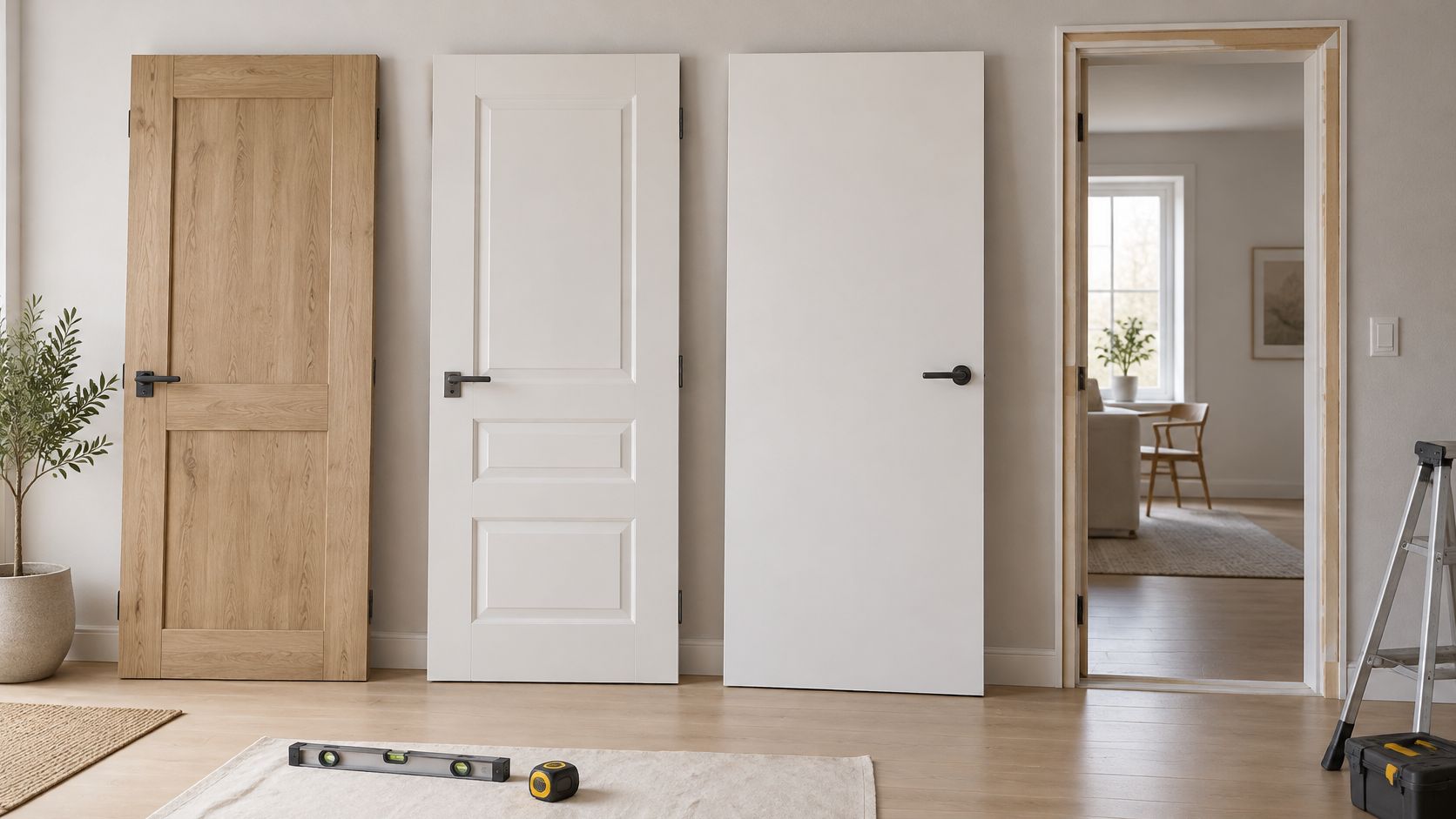 Tre forskellige indvendige døre opstillet mod en væg i et lyst hjem under renovering med værktøj.