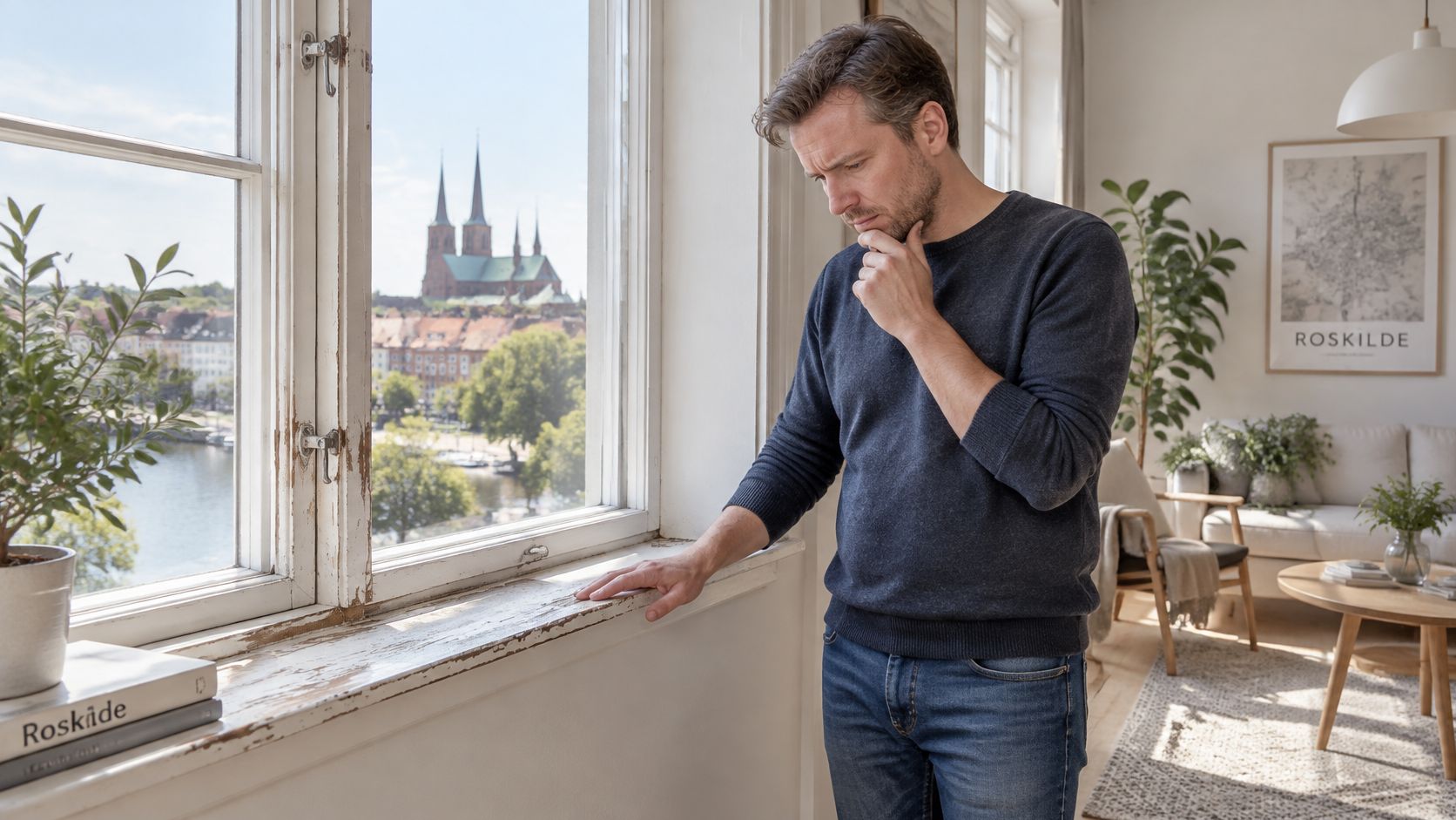 En mand står ved et vindue og kigger eftertænksomt på den slidte inddækning af vindueskarmen i en lys stue.