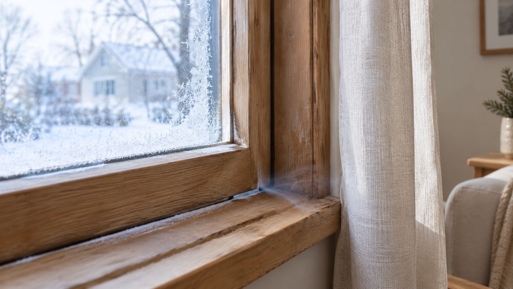 Et trævindue med frost på glasset og synlig træk, der viser behov for nye tætningslister til vinduet.