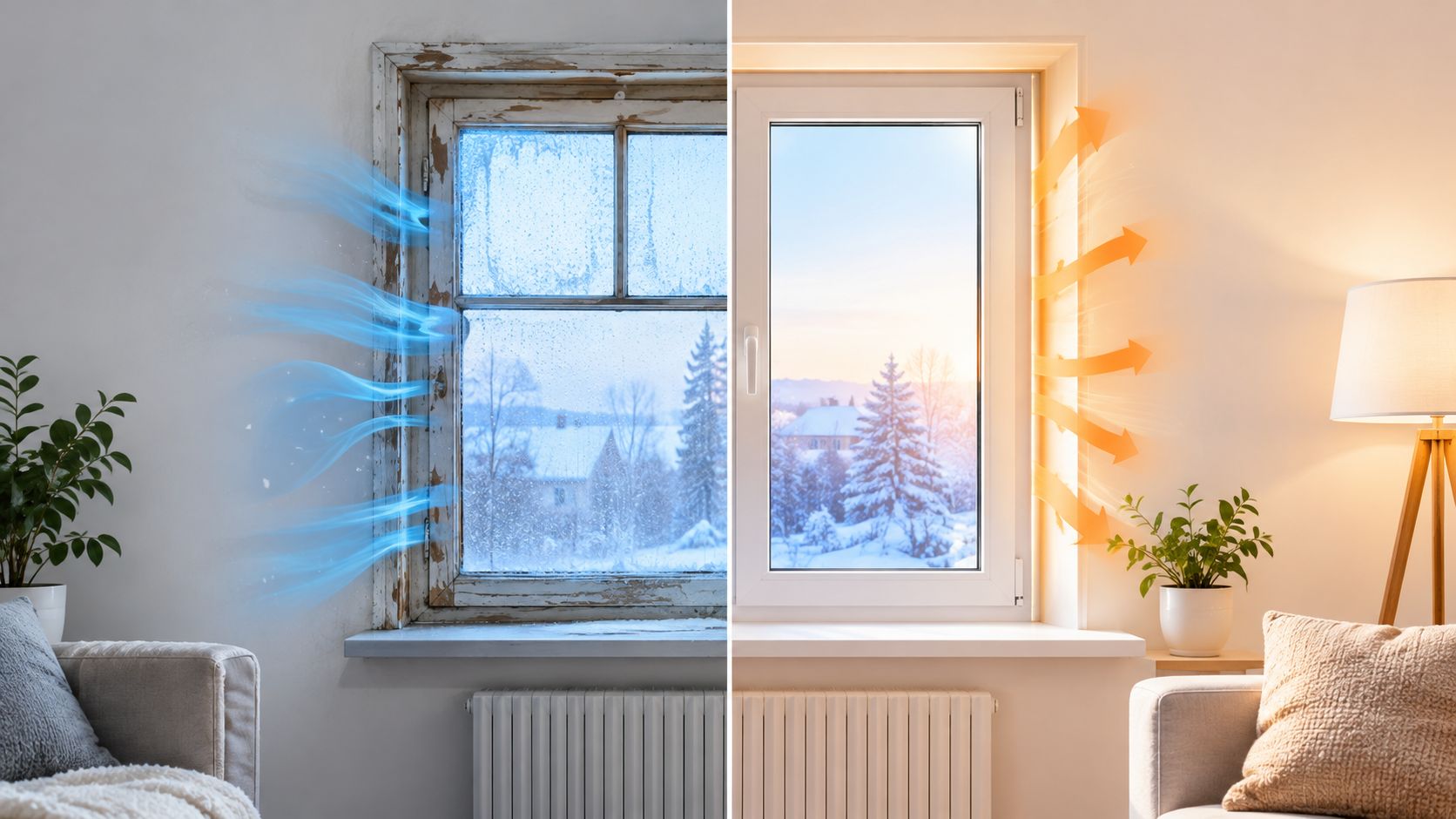 Sammenligning af et utæt gammelt vindue med varmetab og et moderne energieffektivt vindue der holder varmen indendørs.