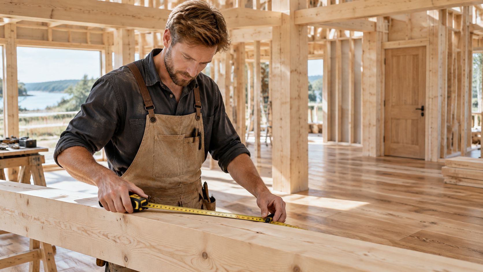 En professionel tømrer måler en stor træbjælke med et målebånd under byggeriet af et nyt hus i træ.