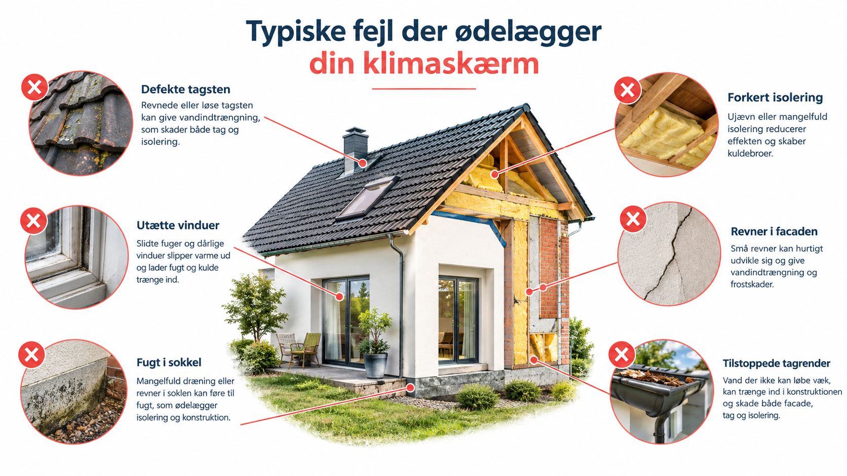 En infografik der viser typiske fejl ved huse såsom utætte vinduer, fugt i soklen og defekte tagsten.